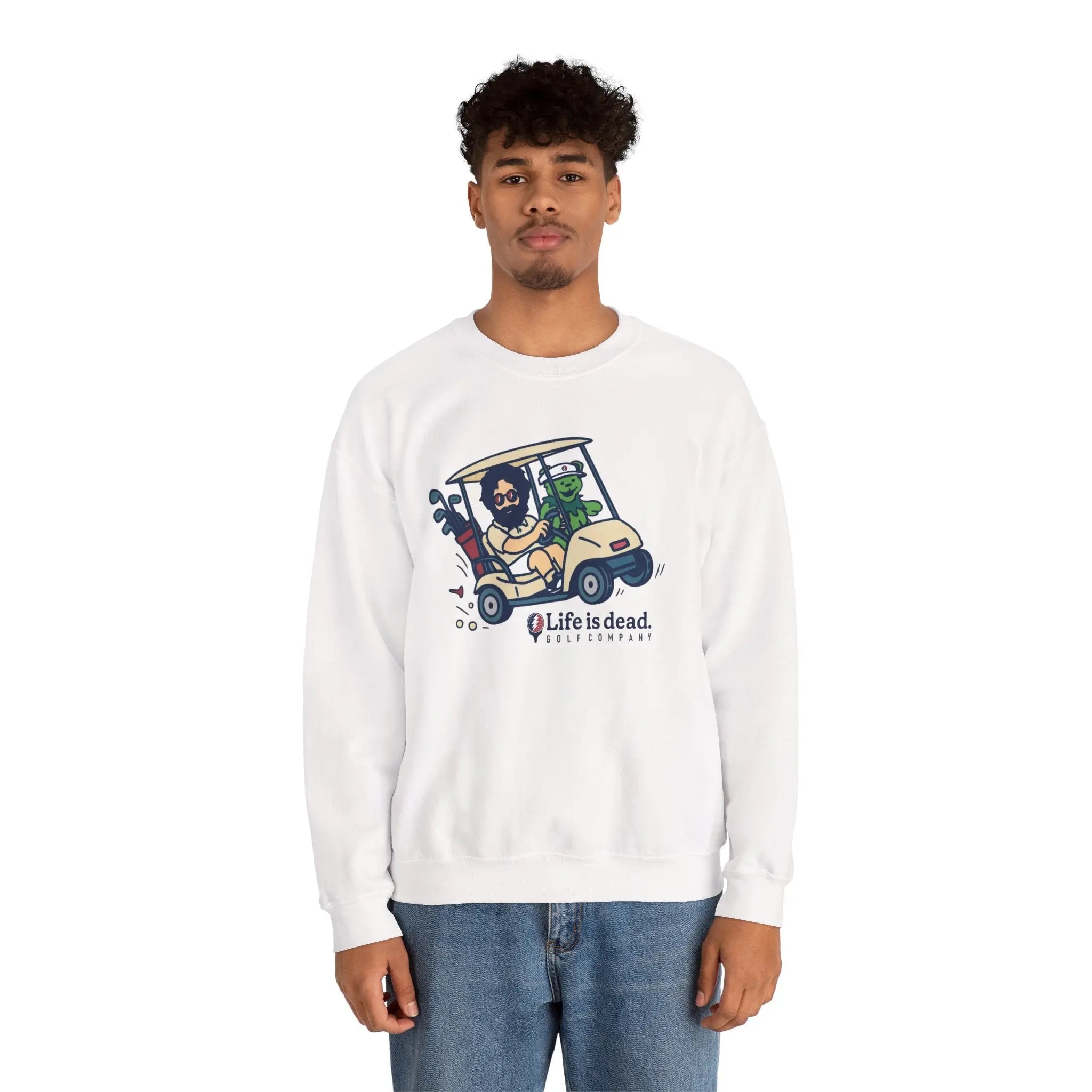 White crewneck sweatshirt with front graphic print, long sleeves