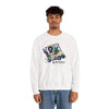 White crewneck sweatshirt with front graphic print, long sleeves