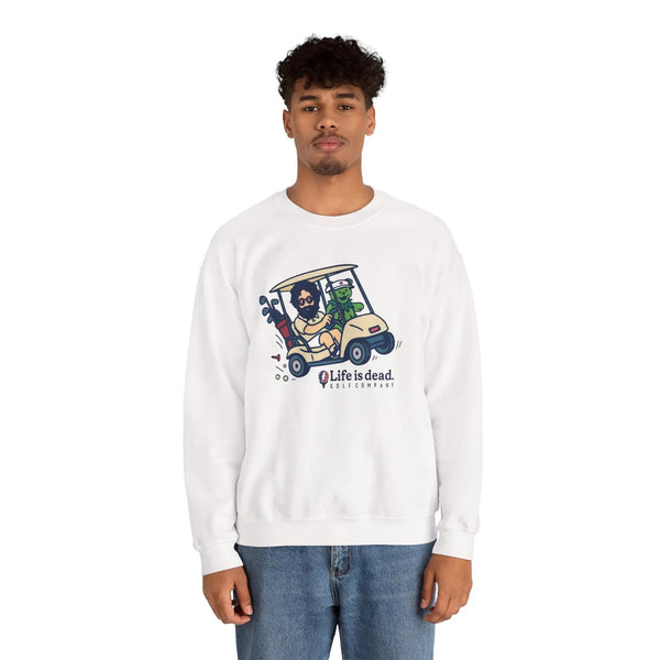 White crewneck sweatshirt with front graphic print, long sleeves