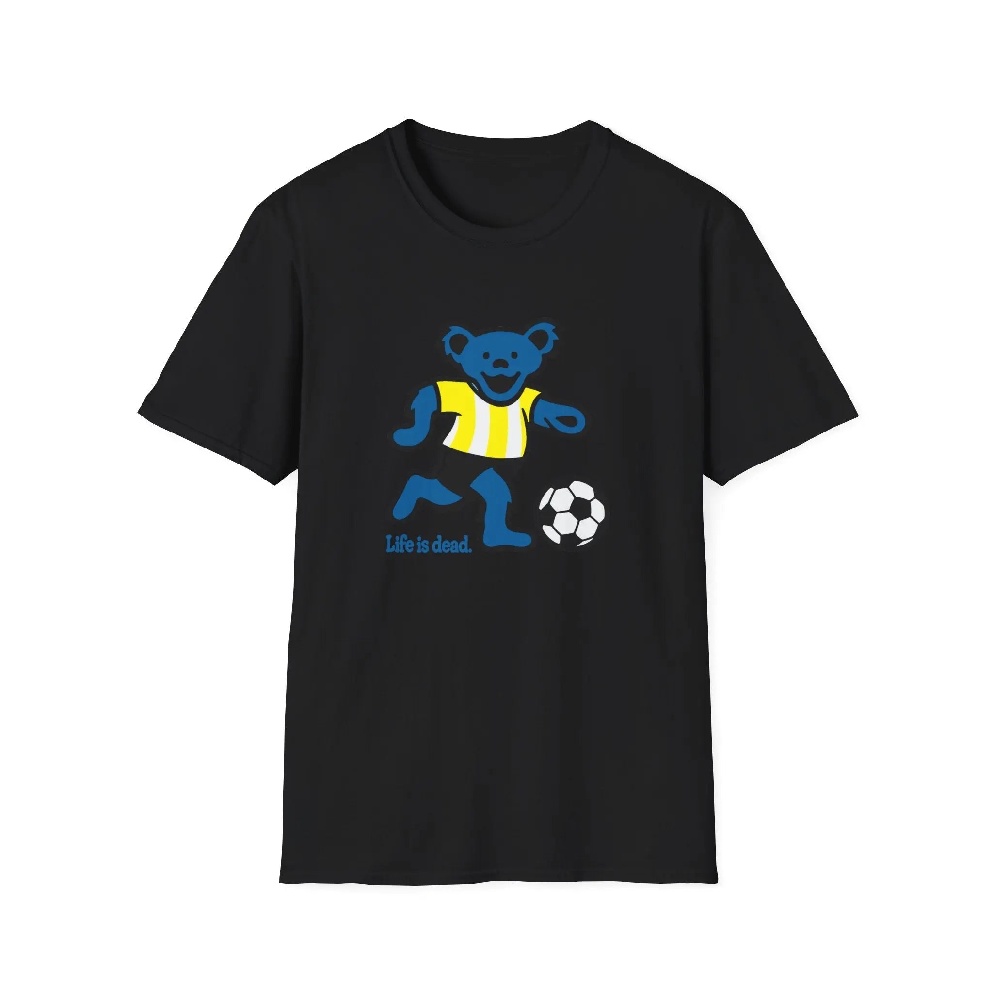 Black T-shirt with blue bear soccer graphic and “Life is dead.” print