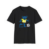 Black T-shirt with blue bear soccer graphic and “Life is dead.” print