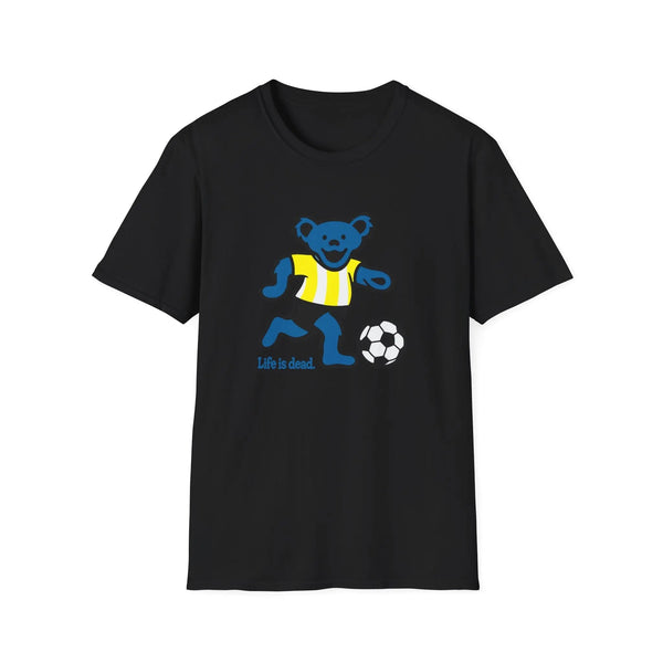 Black T-shirt with blue bear soccer graphic and “Life is dead.” print