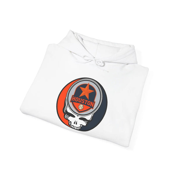 Folded white Astros hoodie with front circular graphic logo and hood drawstring