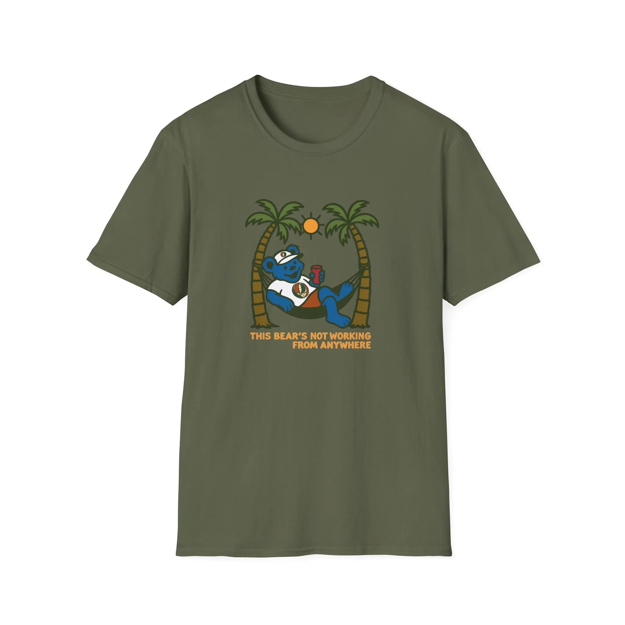 Olive green graphic T-shirt with bear illustration and palm trees, crew neck short sleeves