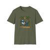 Olive green graphic T-shirt with bear illustration and palm trees, crew neck short sleeves