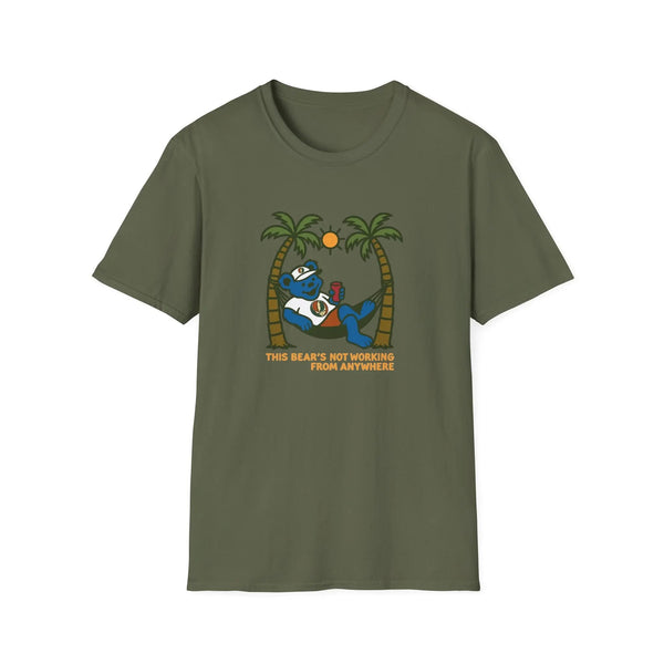 Olive green graphic T-shirt with bear illustration and palm trees, crew neck short sleeves
