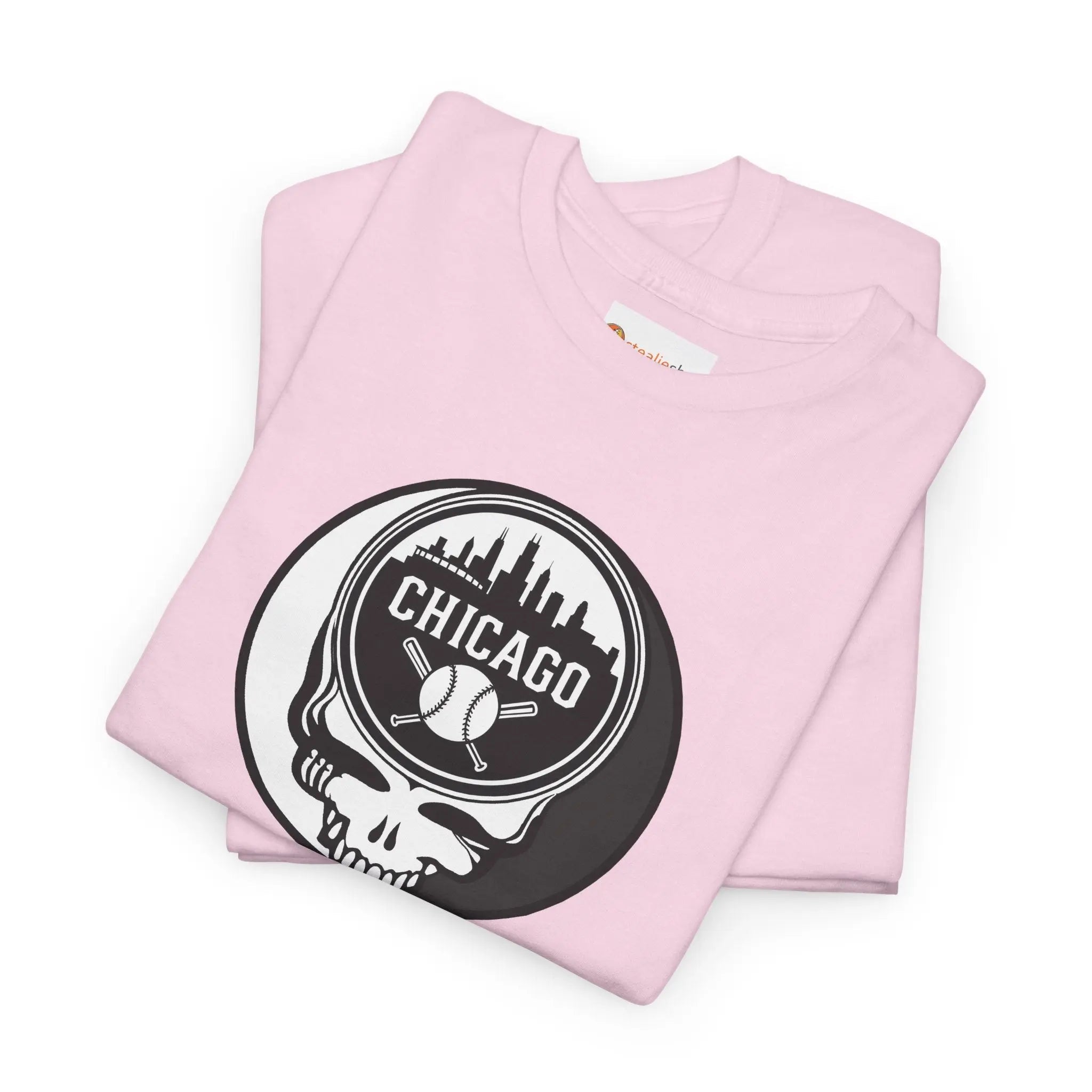 Light pink Chicago Stealie skull T-shirt with circular logo graphic on chest