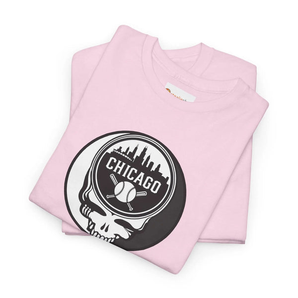 Light pink Chicago Stealie skull T-shirt with circular logo graphic on chest
