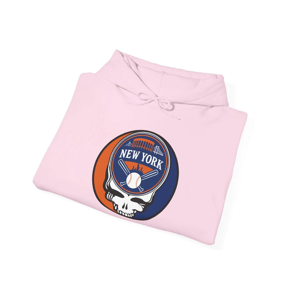 Light pink hoodie with adjustable hood, front pouch pocket, New York Mets logo patch