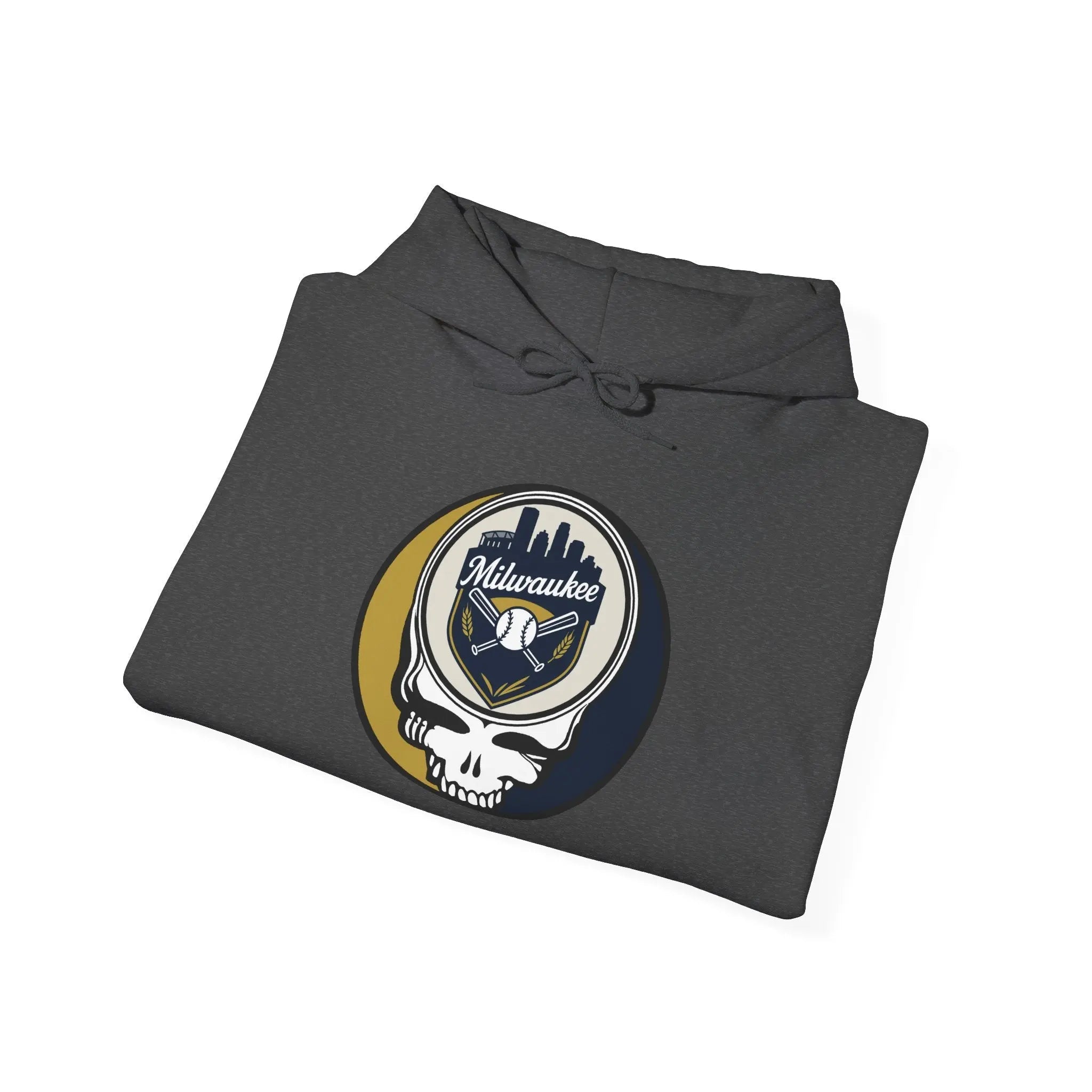 Dark heather hoodie with front hood and drawstring, featuring Milwaukee logo graphic.