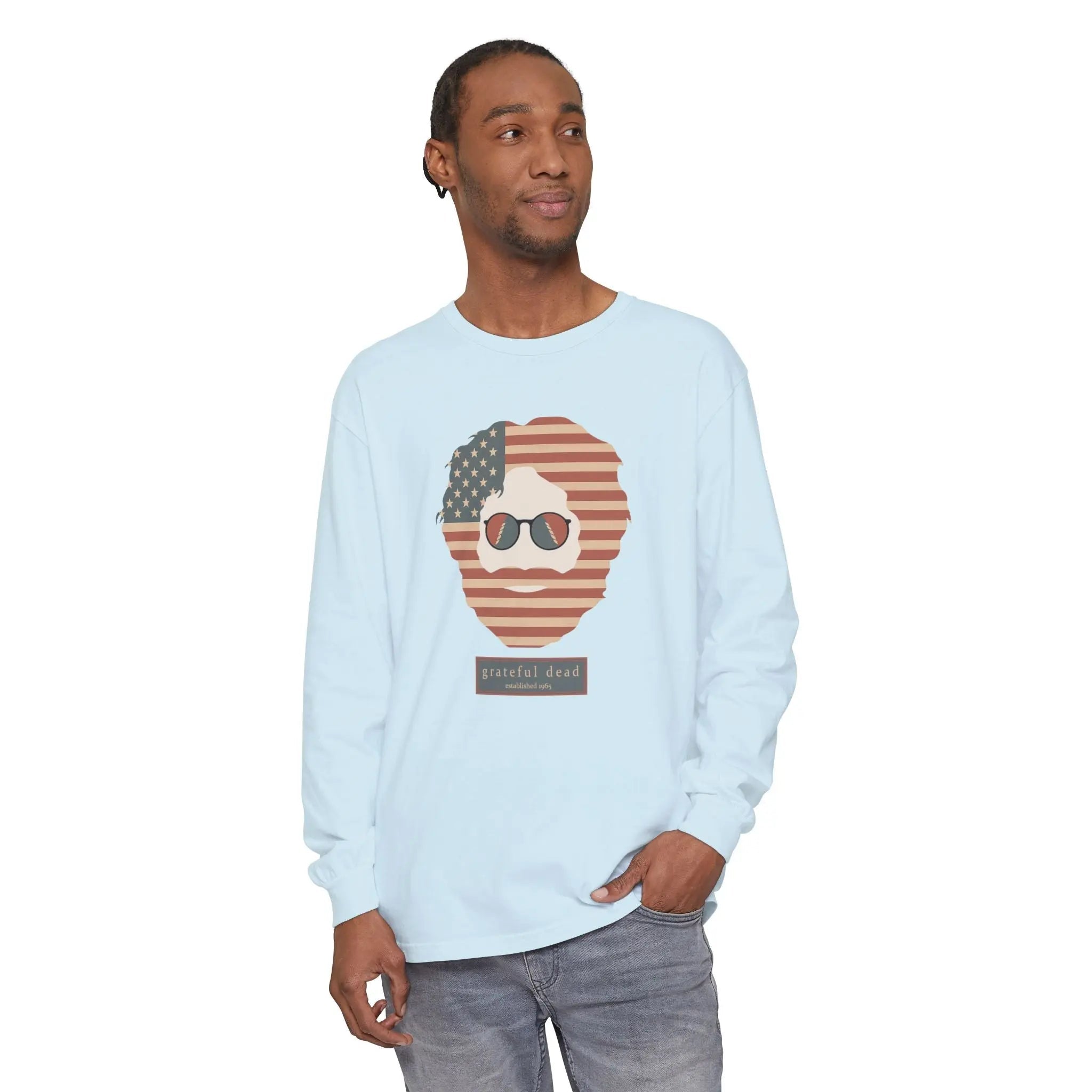 Light blue long-sleeve T-shirt with patriotic bear graphic on chest