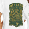 White T-shirt with green Oakland A's skeleton front graphic