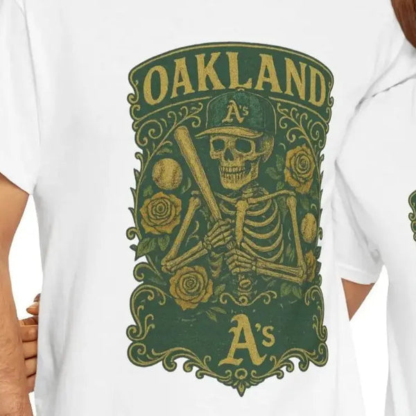 White T-shirt with green Oakland A's skeleton front graphic