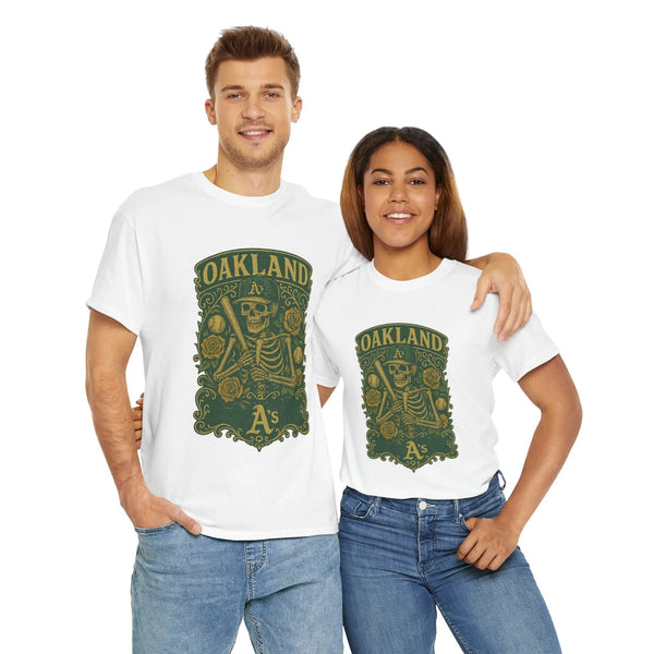 White T-shirt on models with green Oakland A's front graphic