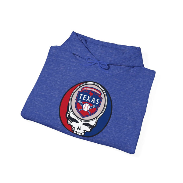 Blue pullover hoodie with drawstring hood and circular Texas Rangers Stealie logo