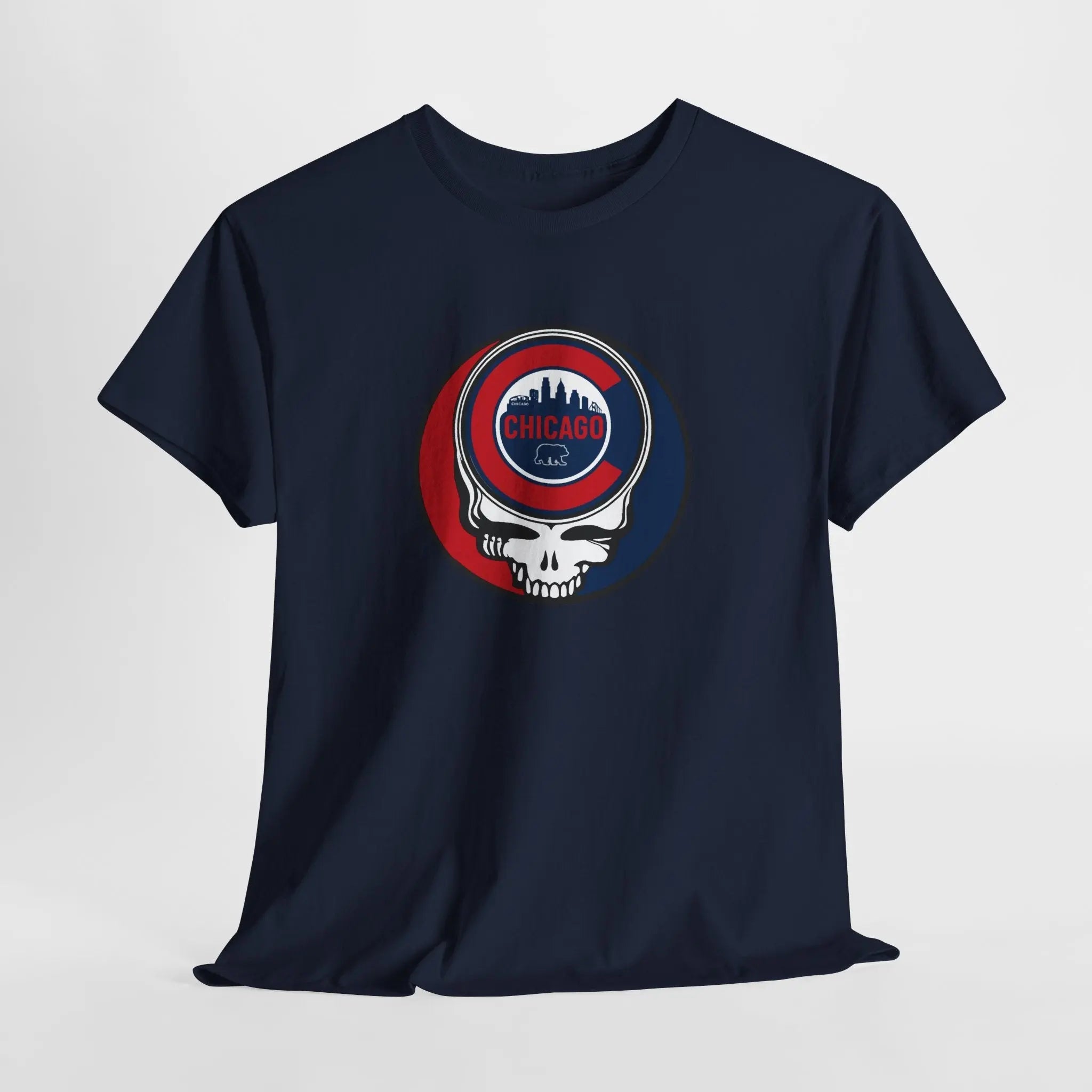 Navy Chicago Stealie skull graphic T-shirt, crew neck, short sleeves