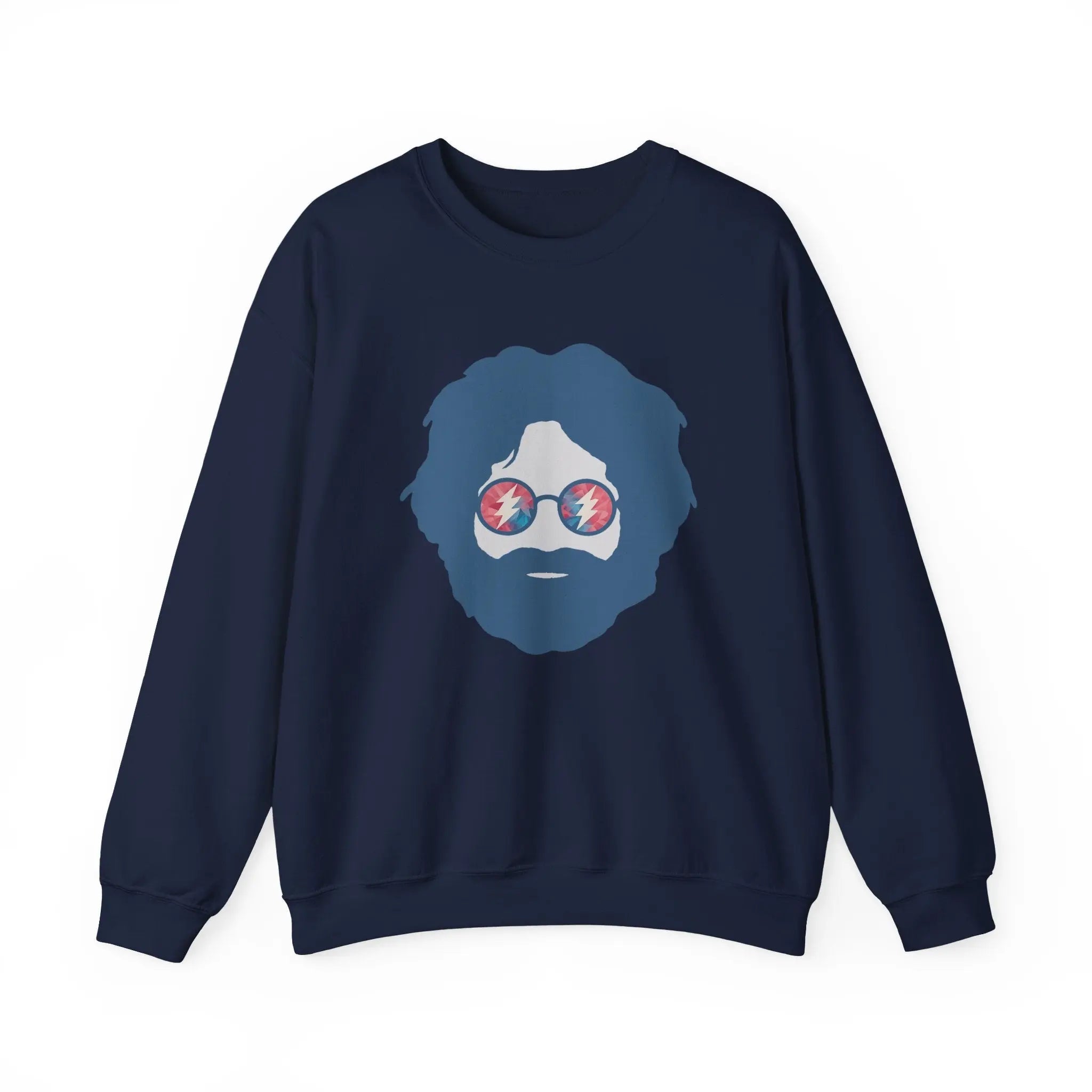 Navy crewneck sweatshirt with long sleeves and circular face graphic on chest.