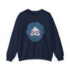 Navy crewneck sweatshirt with long sleeves and circular face graphic on chest.