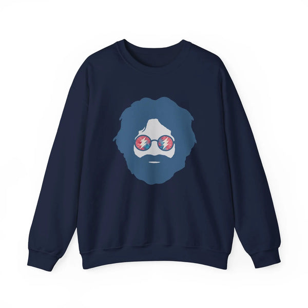 Navy crewneck sweatshirt with long sleeves and circular face graphic on chest.