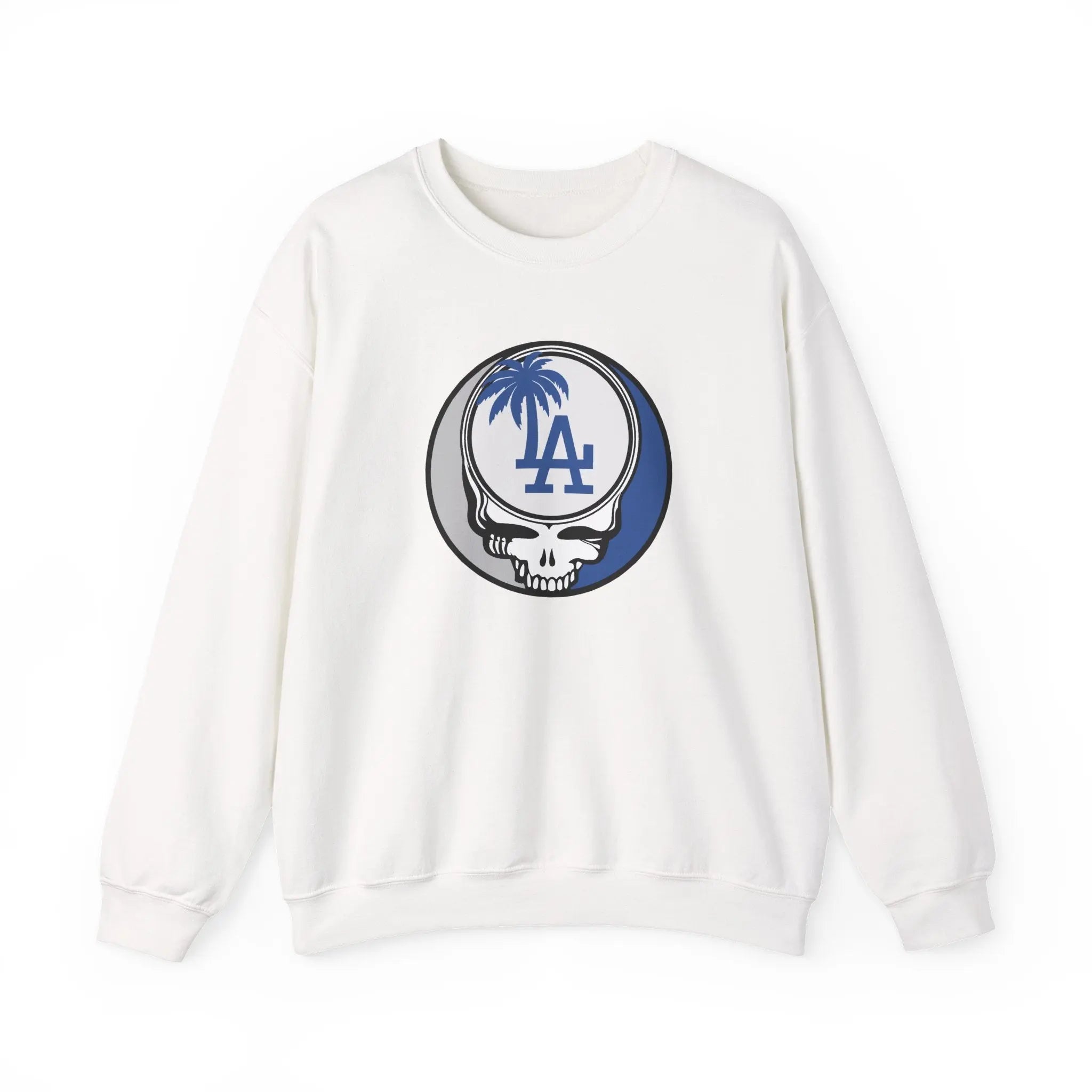 White crewneck sweatshirt with Dodgers Stealie circular skull logo on chest
