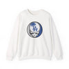 White crewneck sweatshirt with Dodgers Stealie circular skull logo on chest