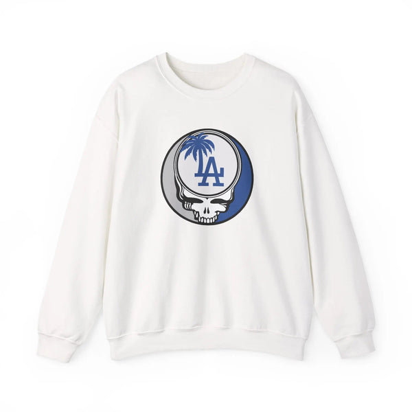 White crewneck sweatshirt with Dodgers Stealie circular skull logo on chest