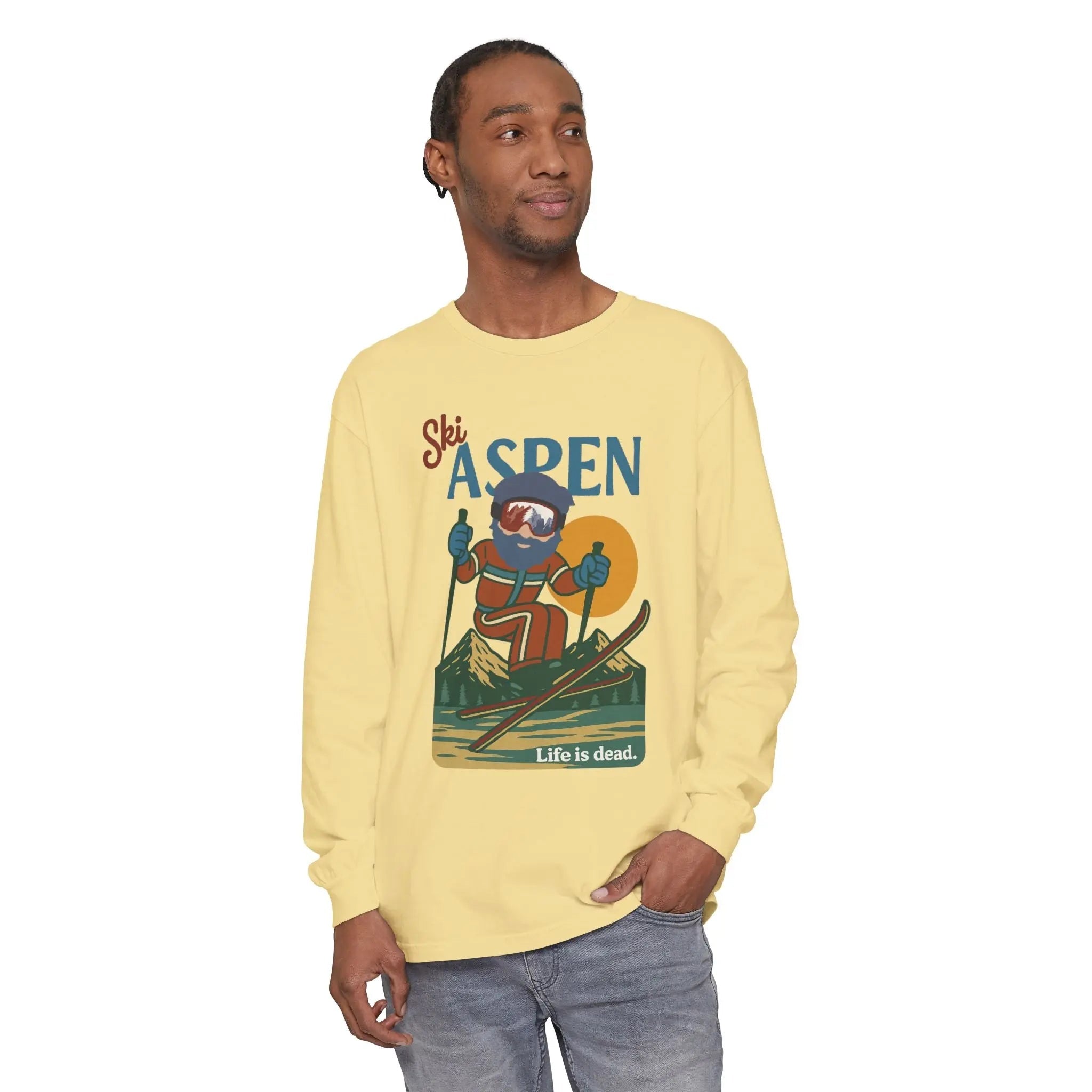 Men's yellow long-sleeve crewneck T-shirt with ski graphic print on chest