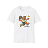 White crewneck t-shirt with running bear holding pickleball paddle and 'Life is dead.'