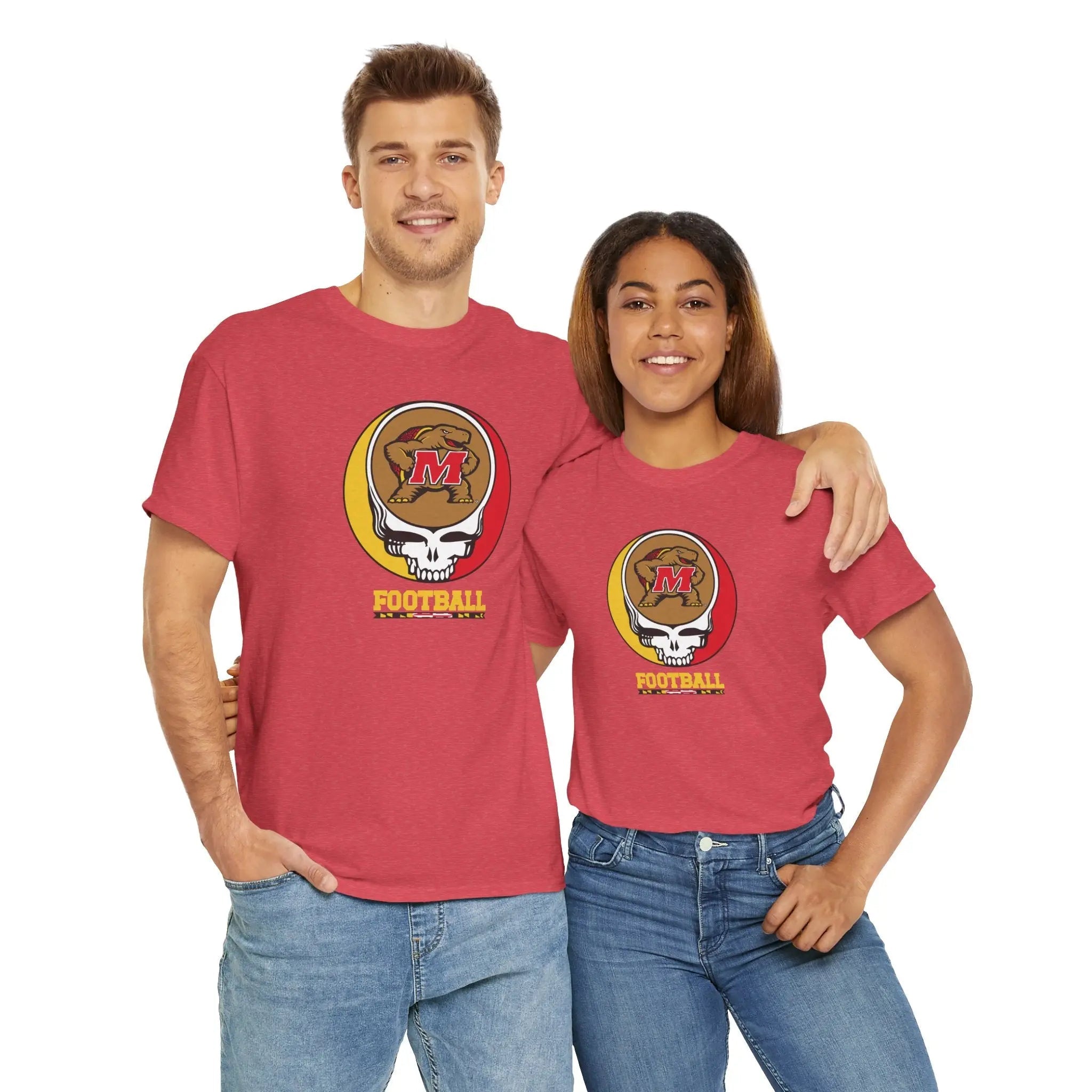 Red football t-shirt with circular M helmet logo graphic and 'FOOTBALL' text