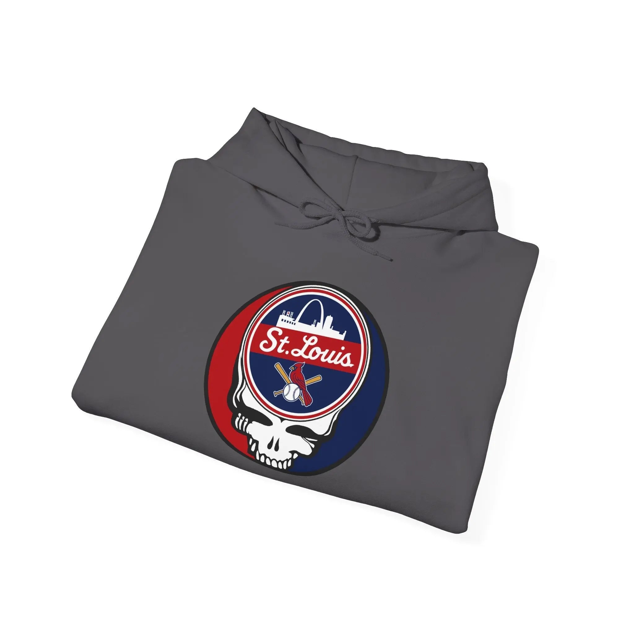 Charcoal gray hoodie folded with hood and front pocket; circular sports team logo on chest