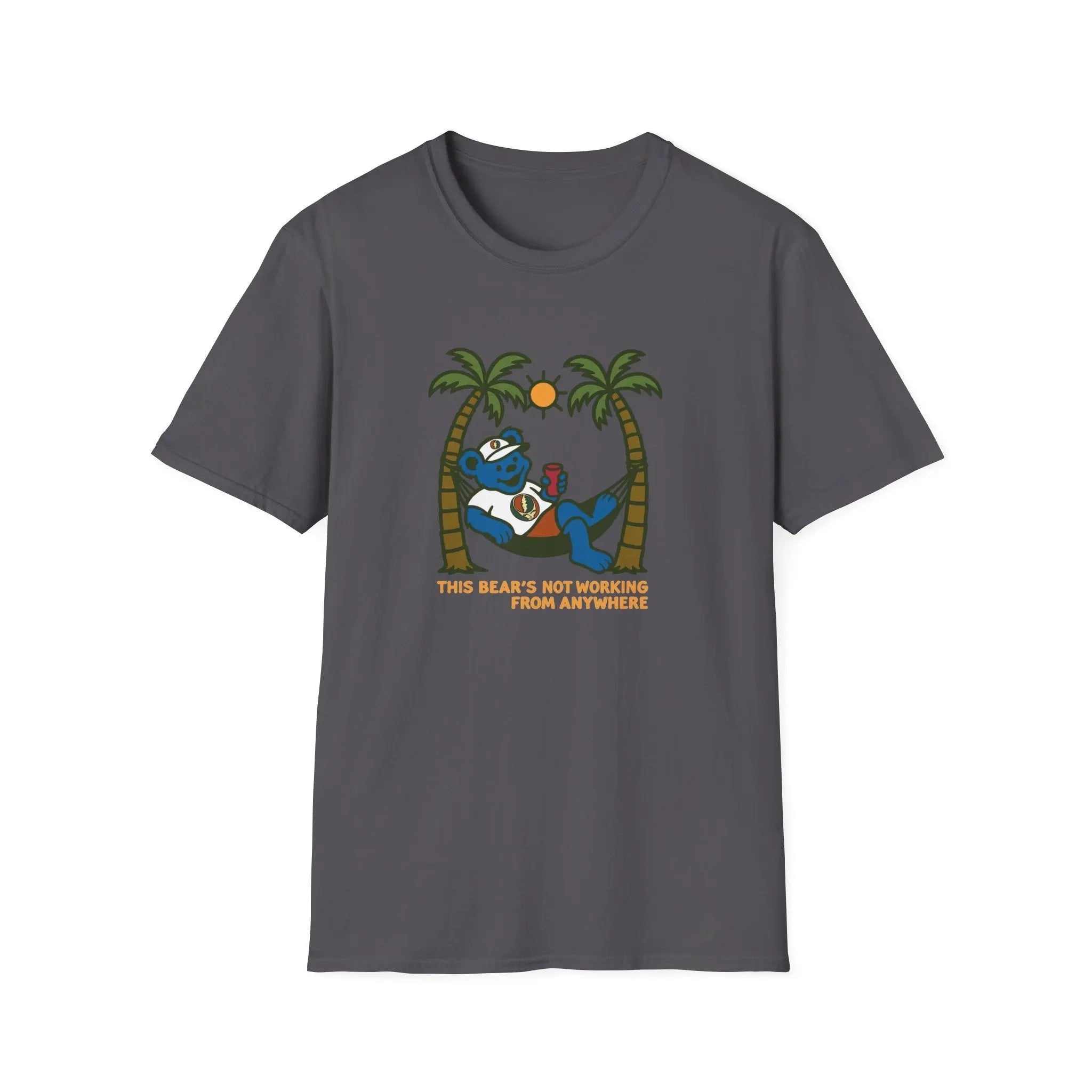 Charcoal gray graphic T-shirt with bear illustration and palm trees, crew neck short sleeves