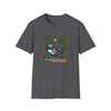 Charcoal gray graphic T-shirt with bear illustration and palm trees, crew neck short sleeves