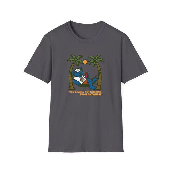 Charcoal gray graphic T-shirt with bear illustration and palm trees, crew neck short sleeves
