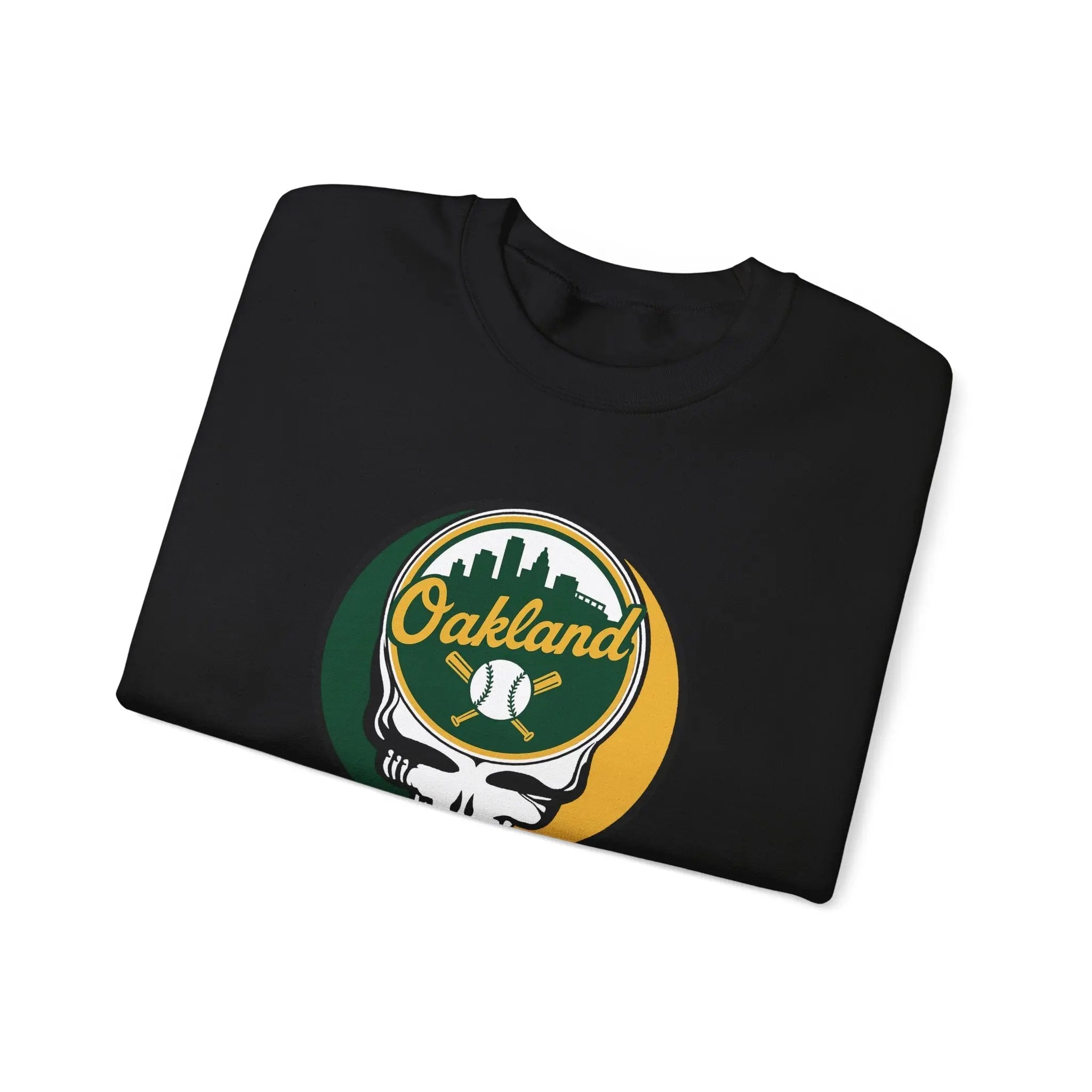 Black crewneck sweatshirt with Oakland logo skull graphic, angled front view