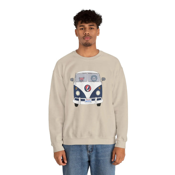 Sand crewneck sweatshirt with blue bus graphic