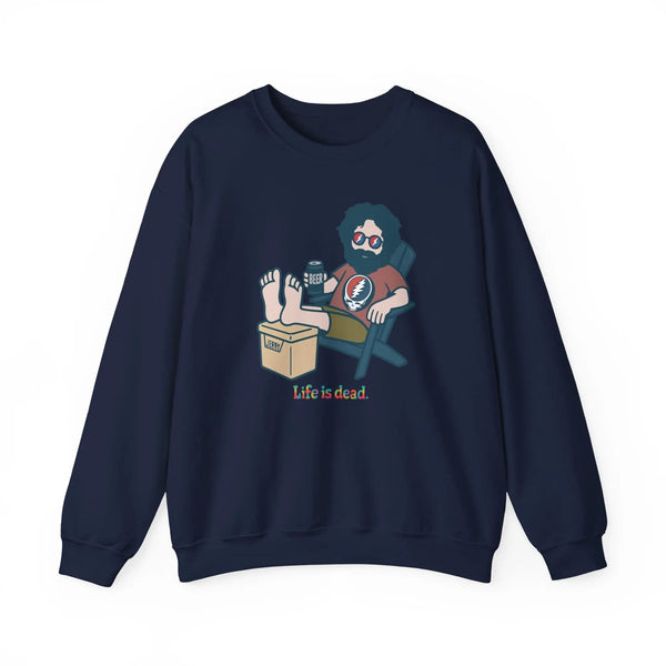 Navy folded crewneck sweatshirt with Jerry beer graphic on chest
