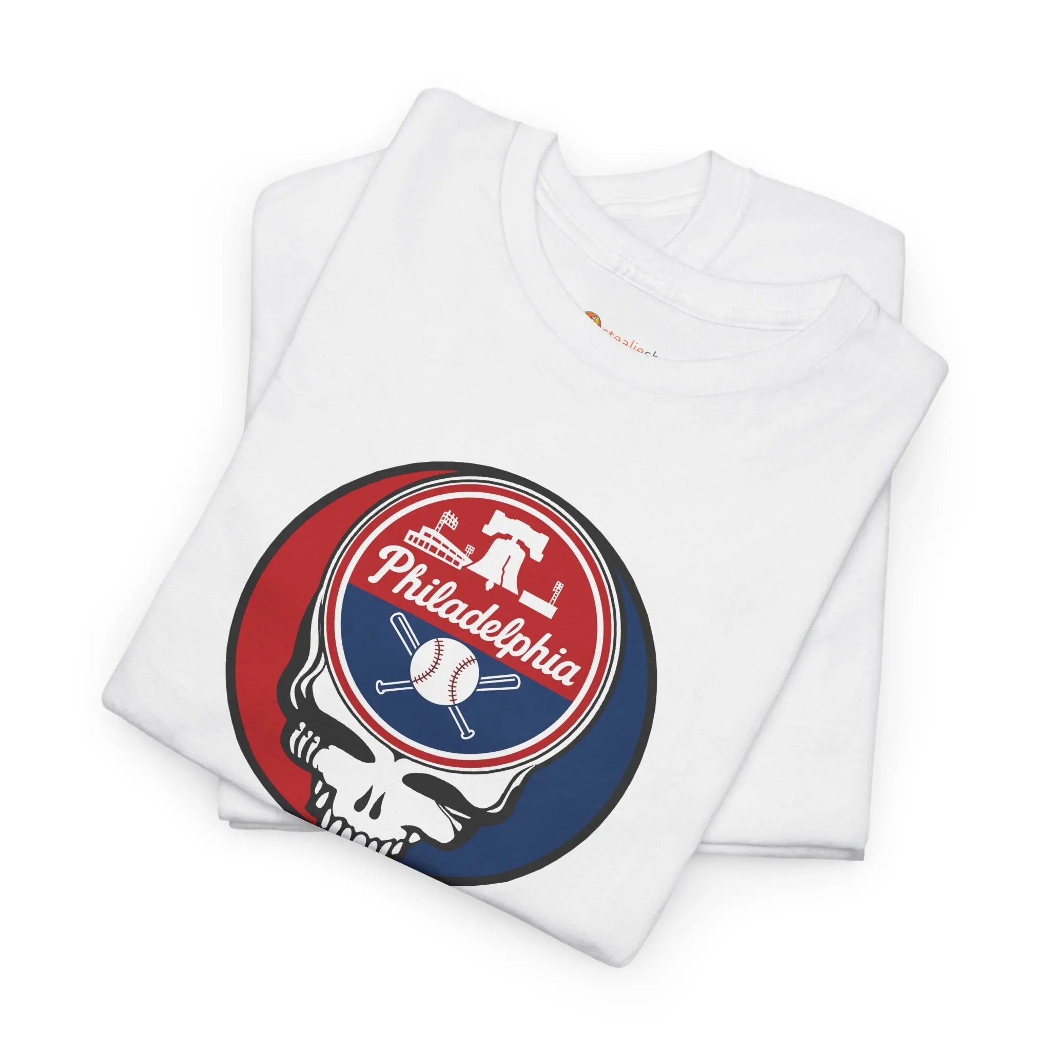 White short-sleeve crewneck T-shirt with circular Stealie skull Philadelphia graphic