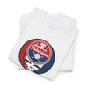 White short-sleeve crewneck T-shirt with circular Stealie skull Philadelphia graphic