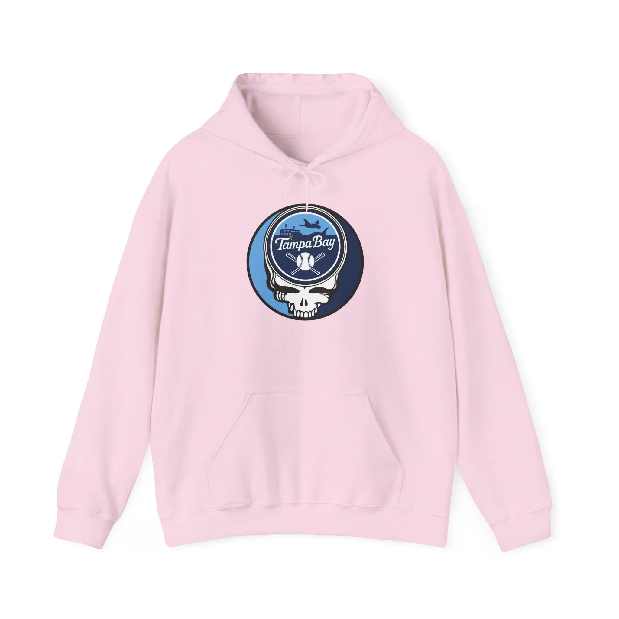Light pink pullover hoodie with drawstring hood and Tampa Bay Rays logo at chest