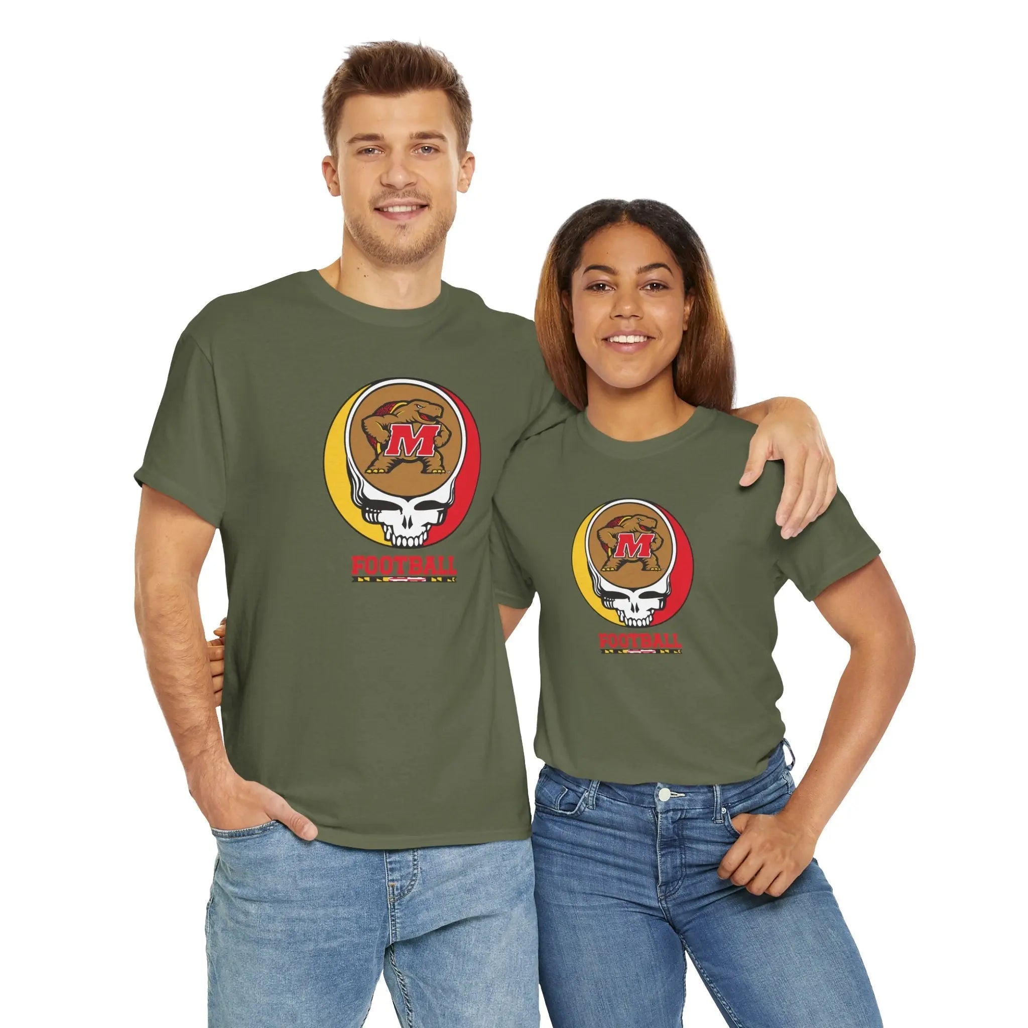Military green football t-shirt with circular M helmet logo graphic and 'FOOTBALL' text