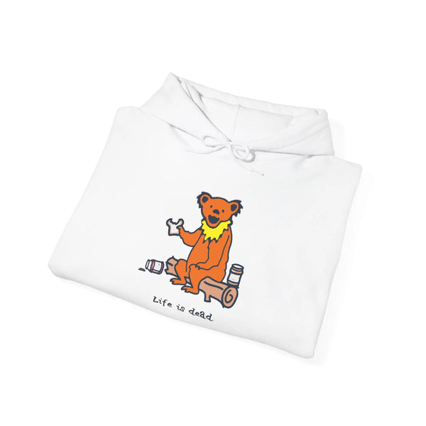 White bear hoodie with orange graphic on chest, front kangaroo pocket