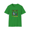 Green graphic T-shirt with bear illustration and palm trees, crew neck short sleeves