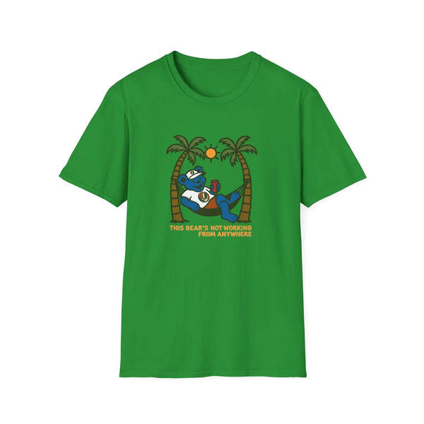 Green graphic T-shirt with bear illustration and palm trees, crew neck short sleeves