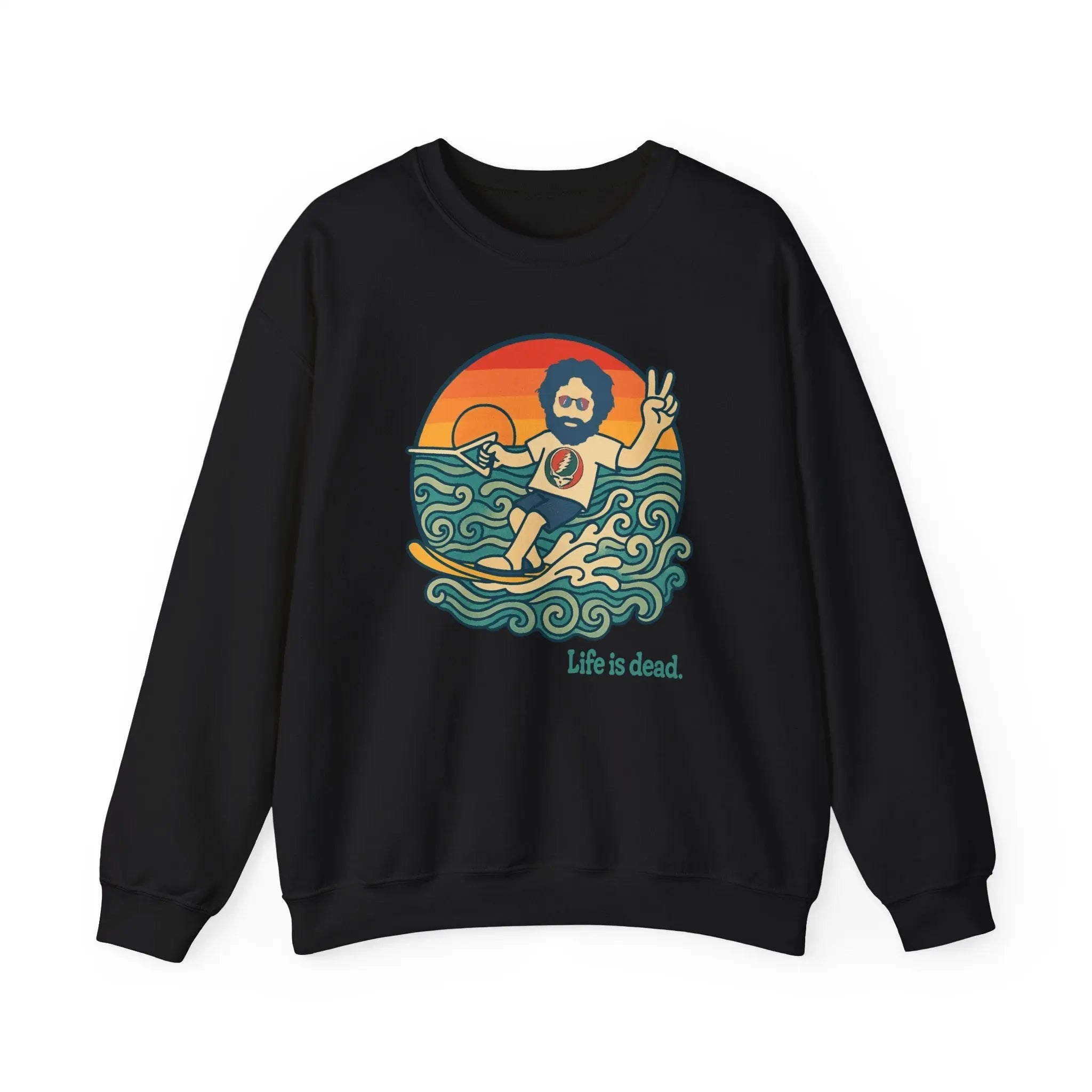 Black crewneck sweatshirt with waterski graphic and 'Life is dead' front print