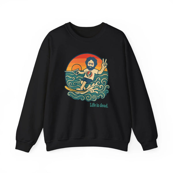 Black crewneck sweatshirt with waterski graphic and 'Life is dead' front print