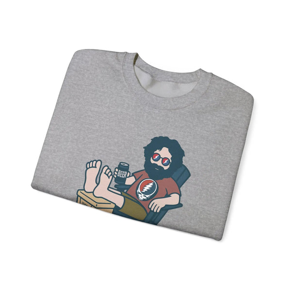 Sport grey folded crewneck sweatshirt with Jerry beer graphic on chest