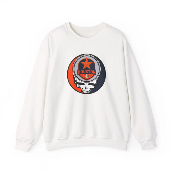 White crewneck sweatshirt with Houston Astros Stealie skull logo on front