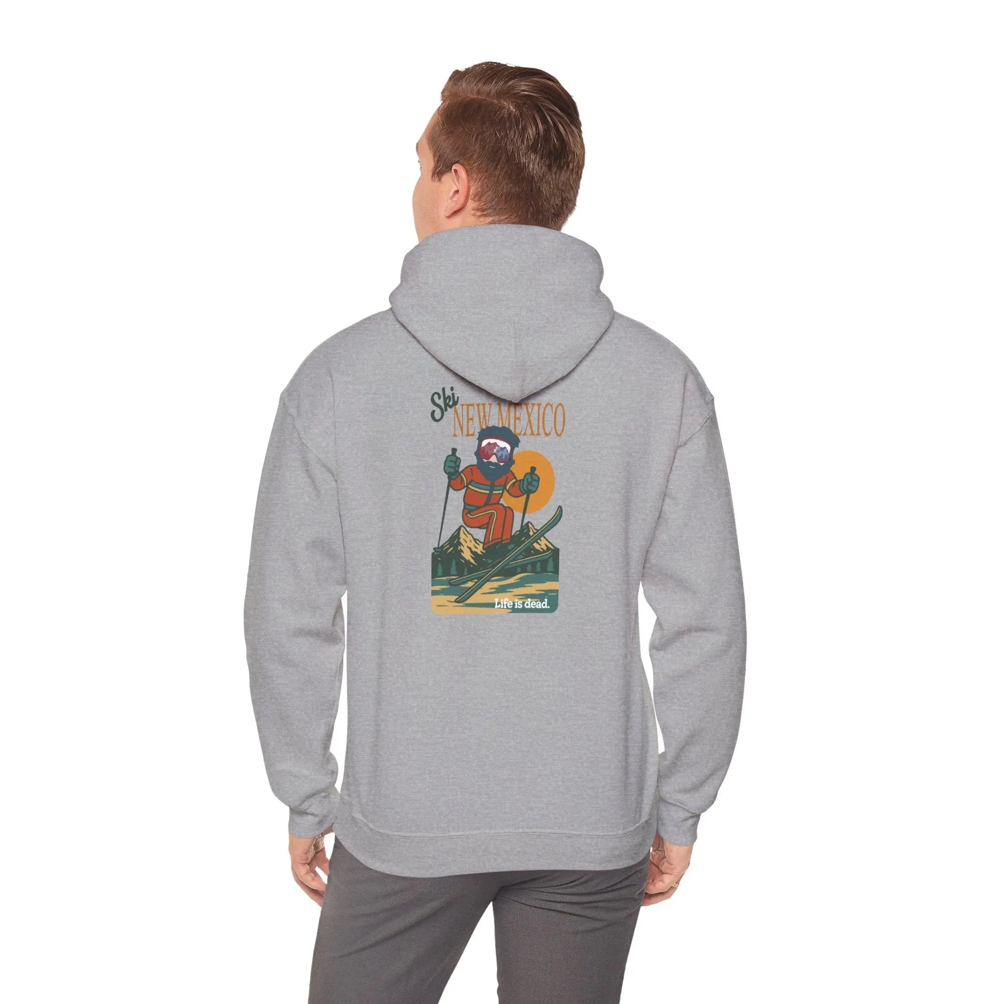 Gray ski-themed hoodie with back graphic; hood and long sleeves