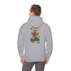 Gray ski-themed hoodie with back graphic; hood and long sleeves