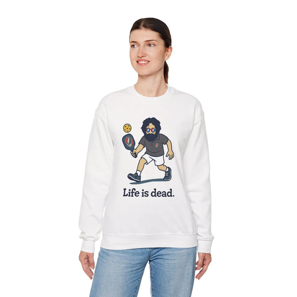 White graphic crewneck sweatshirt featuring cartoon character and “Life is dead.”